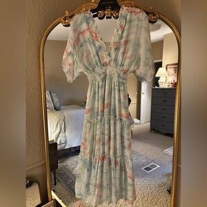Storia Watercolor Pastel Tiered Ruffle Midi Dress V-Neck Cottagecore Size Small